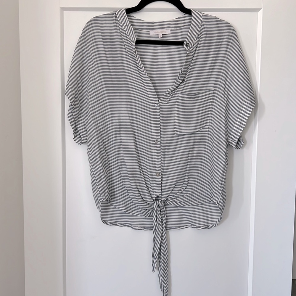 Olivaceous Tie Front Blue and White Striped Button Down M